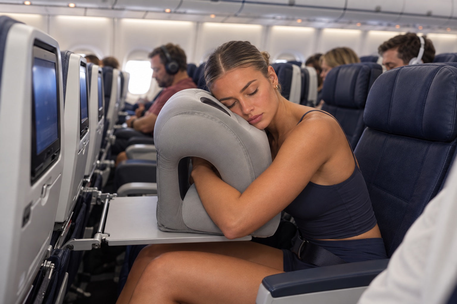 Side view of a traveler leaning into the comfo pillow on an airplane tray