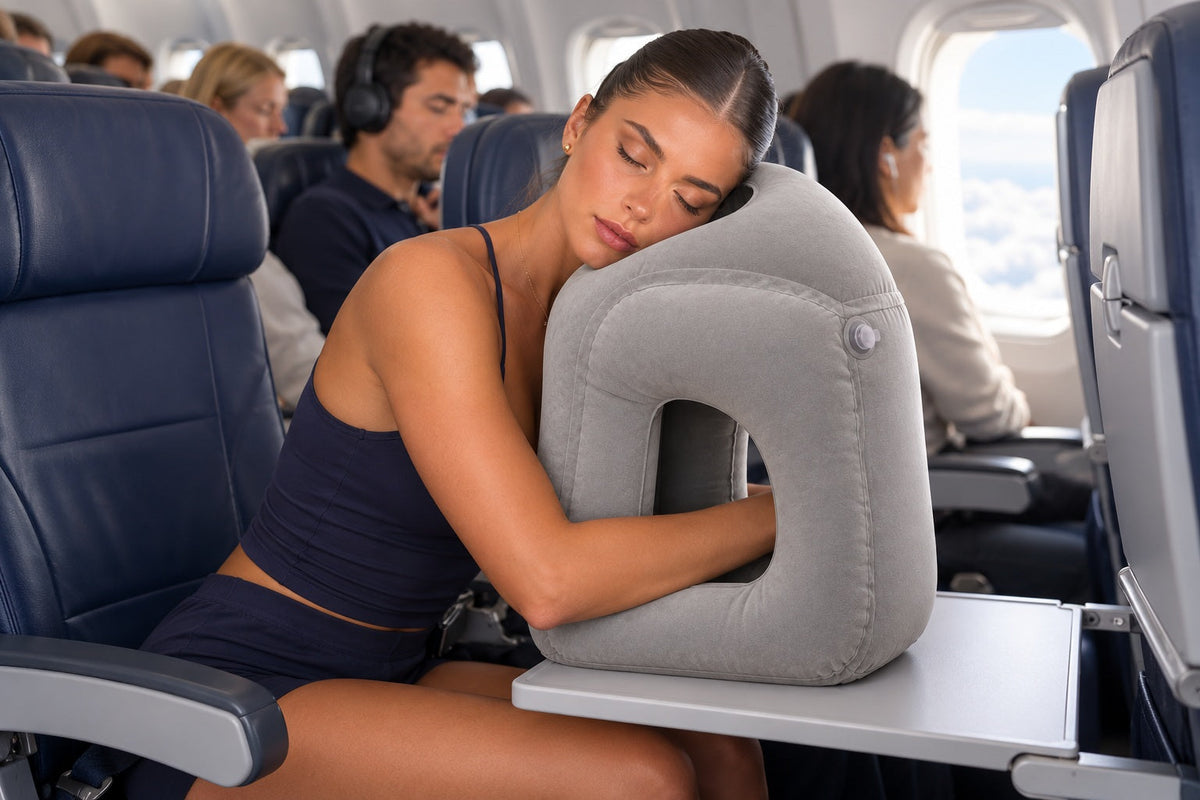 Woman in navy resting on a gray inflatable travel pillow on an airplane tray, with passengers behind