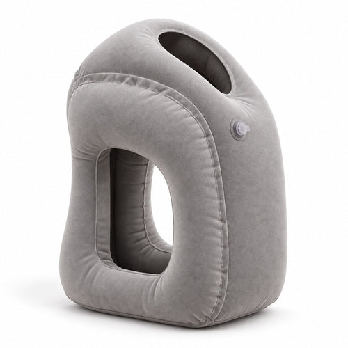 Gray upright inflatable travel pillow on a clean white studio background