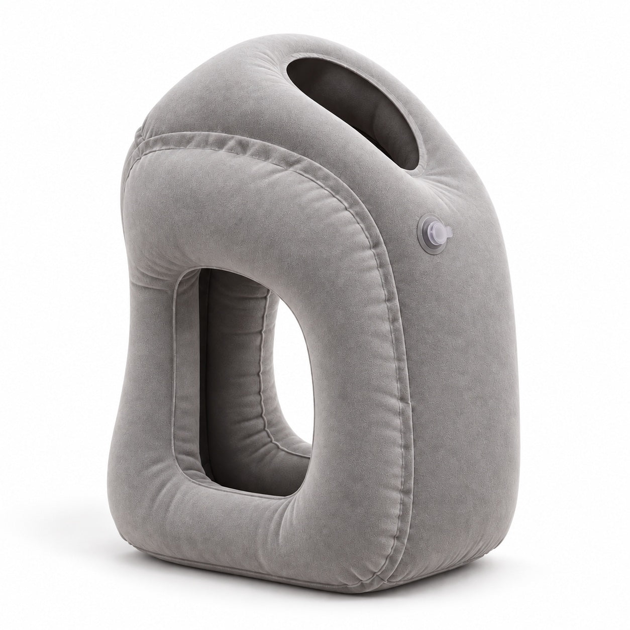 Grey comfo inflatable travel pillow with a raised cushion and openings for the arms